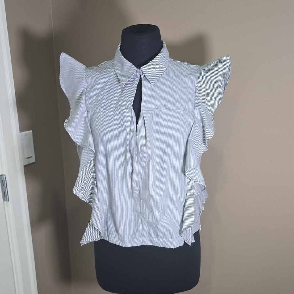 SWEET WANDERER Striped Ruffle Sleeveless Keyhole Top